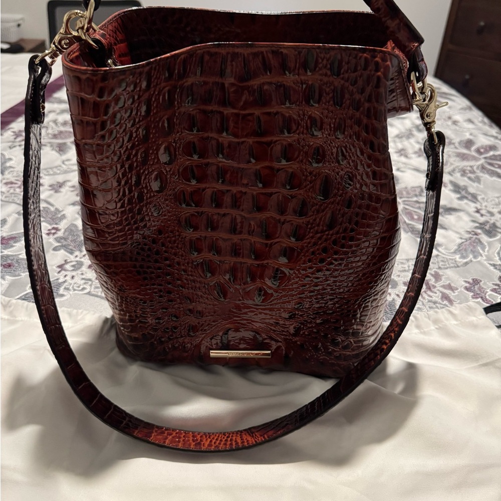 Brahmin Rich Brown Croc-Embossed Shoulder Bag Pecan